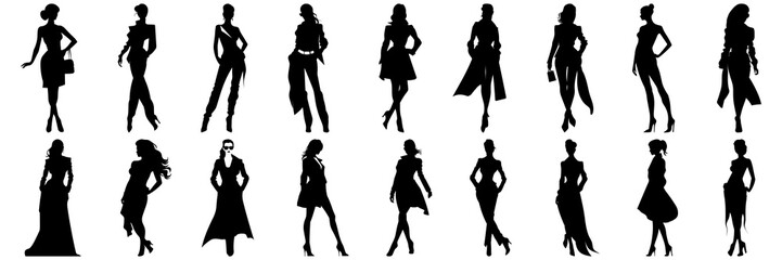 Woman fashion model silhouettes set, large pack of vector silhouette design, isolated white background - obrazy, fototapety, plakaty