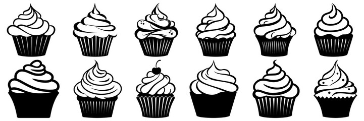 Cupcake silhouettes set, large pack of vector silhouette design, isolated white background