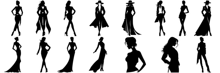 Woman fashion model silhouettes set, large pack of vector silhouette design, isolated white background
