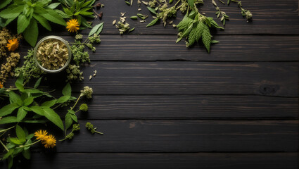 Natural herbal plant medicine over black wooden table background. Backdrop with copy space - obrazy, fototapety, plakaty
