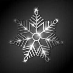 Silver snowflake with highlights and glitter on a black background for winter design. Frozen silhouette of a snowflake. Vector illustration.