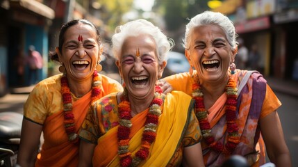 A group of five elderly Indian women wearing colorful clothing
