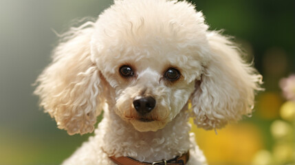 A cute small white dog wearing a brown collar