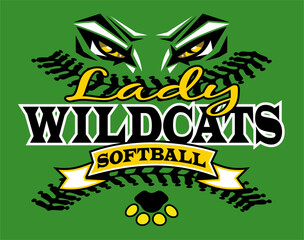 lady wildcats softball team design with mascot eyes, stitches and paw print for school, college or league sports