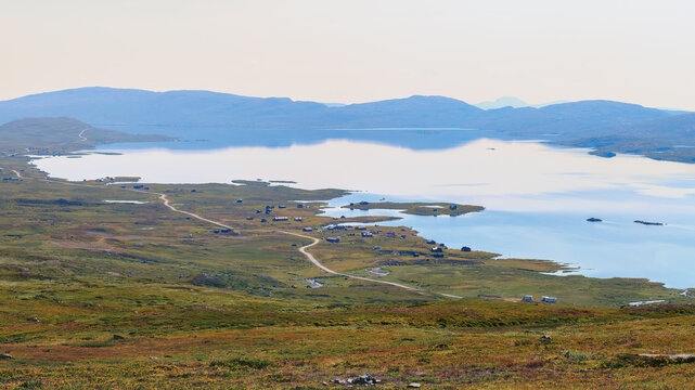 Summer panorama scenery in Jotunheimen national park in Norway, mountains and Vinstre lake