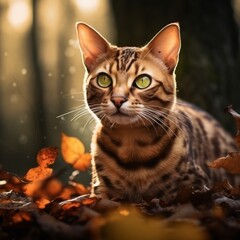 bengal cat in the autumn forest