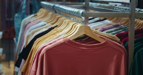 cotton t-shirts on hangers in shopping mall choice of outfit, clothes of different colors, sustainable fashion concept, eco fashion. textile, environmental issues, synthetic materials choice of outfit