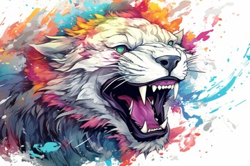 Colorful illustration of an angry lion face - obrazy, fototapety, plakaty