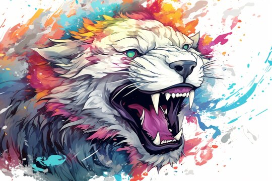 Colorful illustration of an angry lion face