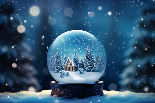 Sparkling Snow Globe With A Miniature Winter Scene Inside, Can Be Whimsical And Delightful Banner With Text Space,Christmas Background