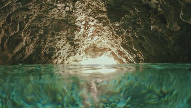 Seascape of Mediterranean sea - View inside coastal cave, Split level 