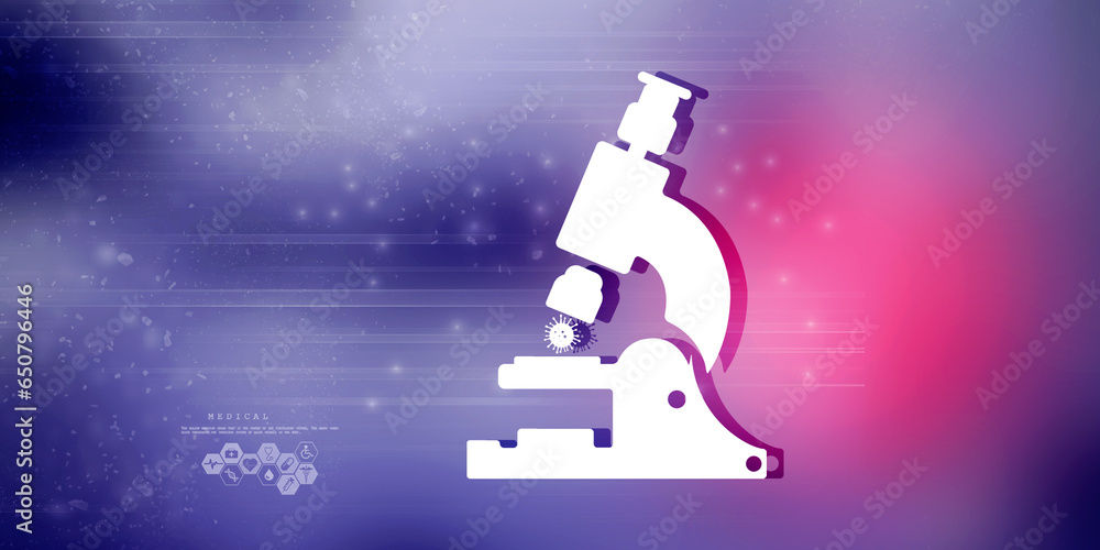 Poster 2d rendering virus testing microscope with medicine bottle