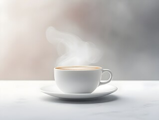 A cup of hot coffee on table with minimal white blurred background