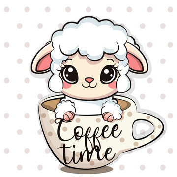 Cute cartoon baby sheep in a mug with coffee time quote. Vector illustration.