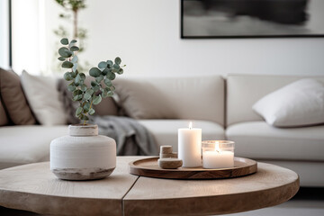 Fototapeta na wymiar Modern boho interior of living room in cozy apartment. Simple cozy living room interior with light gray sofa, decorative pillows, wooden table with candles and natural decorations