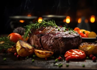 Fotobehang Christmas dinner grilling steak with vegetables © olegganko
