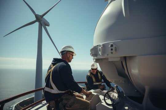 Construction workers standing in front of wind turbines