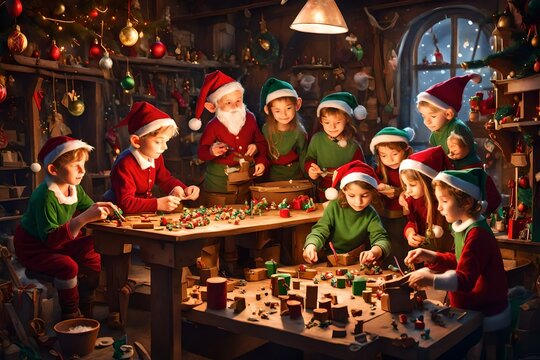 A group of mischievous elves busy in Santa's workshop, putting the finishing touches on toys for Christmas Eve.