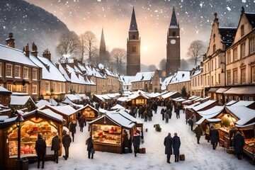 A snowy village square with a bustling Christmas market, featuring stalls selling festive treats and gifts. - obrazy, fototapety, plakaty