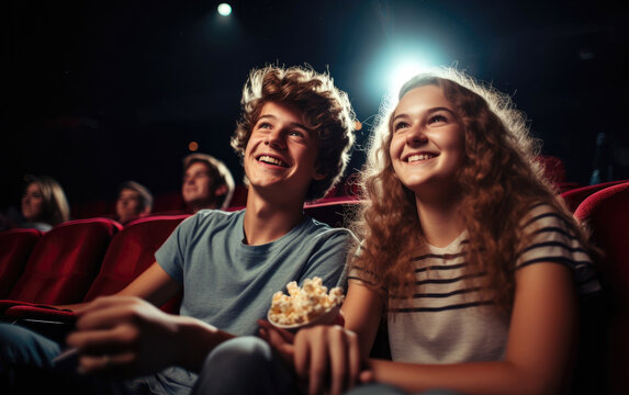 Teenager smiling couple boy and girl sitting next to each other inside a cinema hall with popcorn. Generative AI