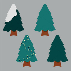 Set of Christmas trees in the snow and with garlands