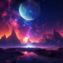 Abstract fantasy neon space landscape. Star nebulae, month and moon, mountains, fog. Unreal fantasy world. Silhouettes, horoscope, zodiac signs. 3D illustration