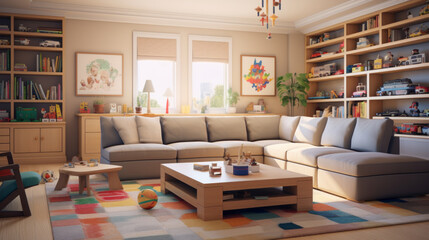 Family-Friendly Space: In this room, a large sectional sofa with plenty of seating surrounds a soft, kid-friendly rug