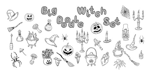 Bif flat hand drawn doodle witchs items set. Outline vector collection for stickers or decoration. Halloween holiday unique design. Black isolated elements on white background.