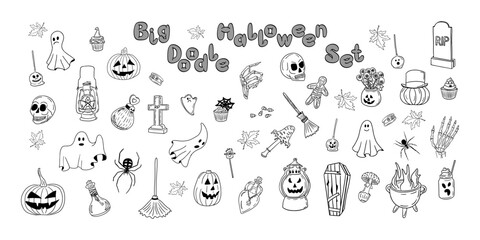 Big doodle halloween collection hand drawn things. Sketch isolated elements for halloween party decoration. Retro holiday design for coloring pages, stickers, tatoo.
