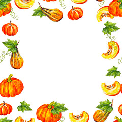 Pattern pumpin autumn frame for decor, textile, napkins watercolor