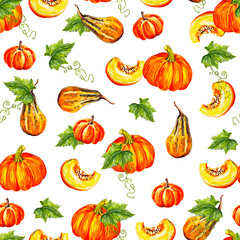 Watercolor seamless pattern with pumpkins autumn harvest background 
