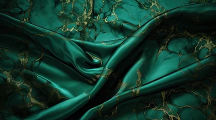 Poster Emerald green marble fabric with veins of gold beside shimmering golden lace. © Dannchez