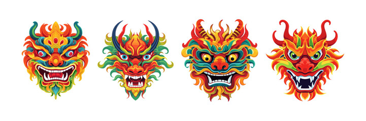 Trendy set cartoon flat style dragon character sticker logo stylized vector illustration symbol year of dragon 2024 red green blue color logo mask	