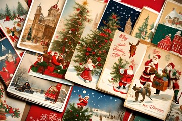 A stack of vintage Christmas cards from around the world, showcasing unique holiday traditions and artwork. - obrazy, fototapety, plakaty