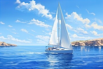 Obraz premium A beautiful snow-white yacht sails in the azure sea