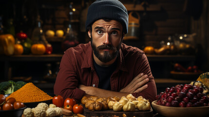 Engaging image of a perplexed culinary artist in his kitchen, surrounded by ingredients, the bewildered and baffled expression prompts curiosity.