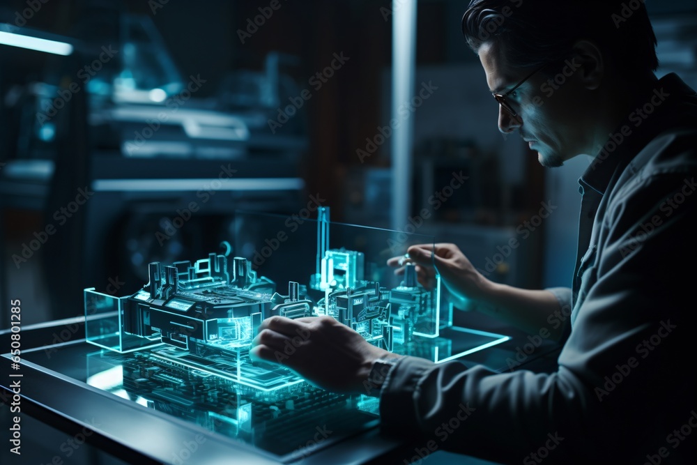 Wall mural a man working with holograms and 3d rendered augmented reality models on his table