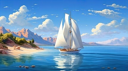 A beautiful snow-white yacht sails in the azure sea - obrazy, fototapety, plakaty