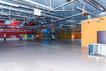 Supermarket,store going out of business. Interior of a closed big supermarket.