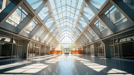 The interior of a modern building atrium with a glass ceiling