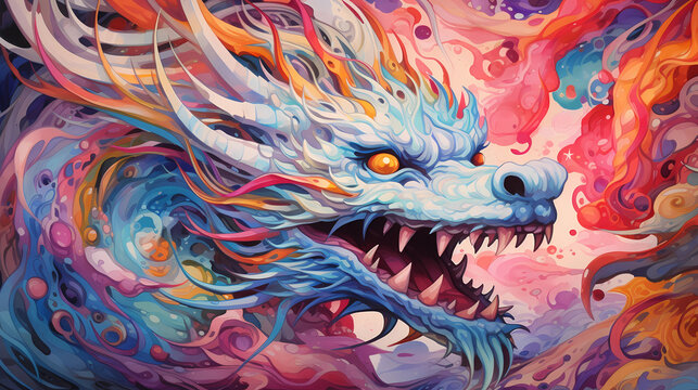 an image of multicolored dragon, in the style of shohei otomo, brian mashburn, natalia rak, encaustic, spontaneous energy, hurufiyya, marbleized 