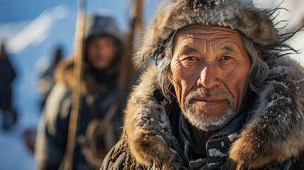 Captivating Inuit elder, consumed by confusion and curiosity, scratching head in perplexity with a walking stick in hand. Embodying Arctic wisdom. - obrazy, fototapety, plakaty
