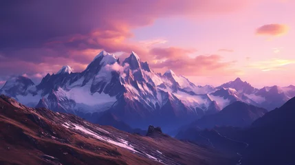Wandcirkels aluminium mont blanc alps, in the style of purple and bronze, minimalist backgrounds, uhd image, atmospheric urbanscapes, panorama, hikecore, italian landscape © Alin