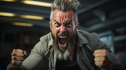 Intense fitness instructor, furious with clenched fists and expressive anger in a gym setup. Evokes heightened emotions and determines the rage of workout fury.