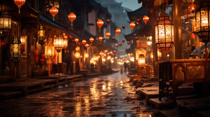 Fototapeta na wymiar Vibrant Lanterns Adorning the Streets of an Ancient Town at Night.