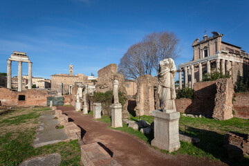 Statues of virgin vestals and ruins of temples on the Roman Forum in Rome, Italy