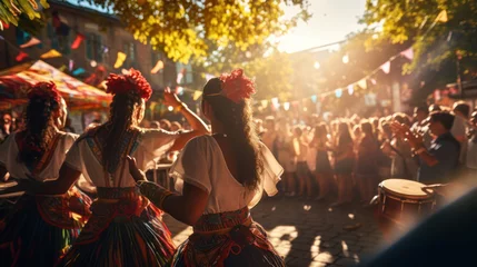 Photo sur Plexiglas Carnaval Revelers in traditional costumes dancing during a local festival, with vibrant decorations and musical instruments in the background.