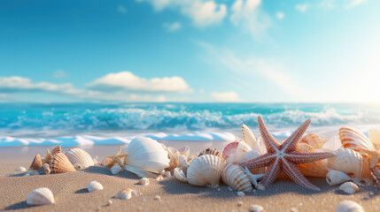 Fototapeta na wymiar Sunlit Seashells and Starfish on Sandy Shore with Foamy Waves Nearby.