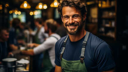 Captivating green-eyed London barista, filled with yearning expression, passionately crafting coffee in a bustling cafe environment. - obrazy, fototapety, plakaty
