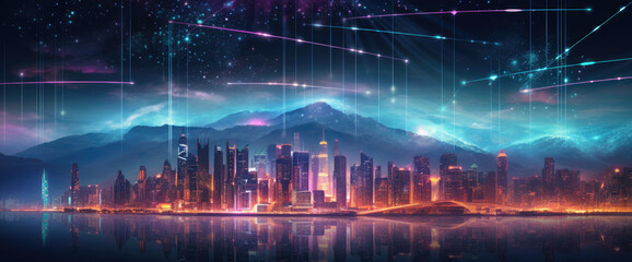 the futuristic cityscape of a smart city with a line of light,technology and city concept high speed connectivity lights at night